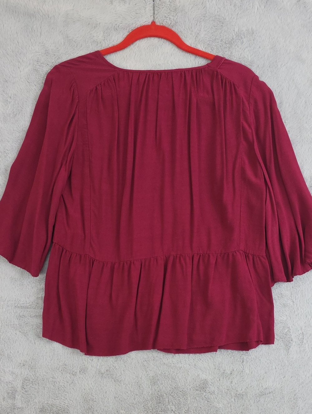 ba&sh Burgundy Peplum Blouse Size 2 Bell Sleeve V-Neck Boho Top - Picture 6 of 9